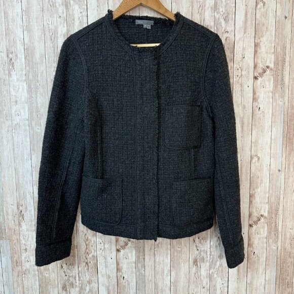 Vince Womens Blazer Jacket Raw-Edge Trim Collarless Patch Pockets Dark Gray 10 - Picture 1 of 14
